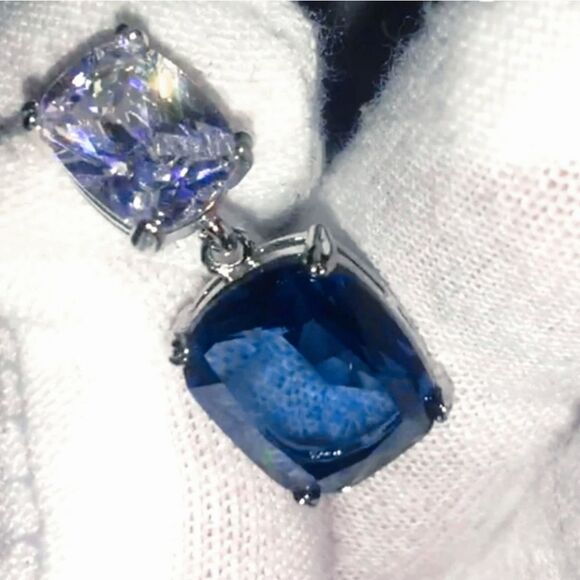 Women's Deep Sea Blue & White Diam Dangle Stud Earrings on 925 Sterling Silver - Picture 5 of 8